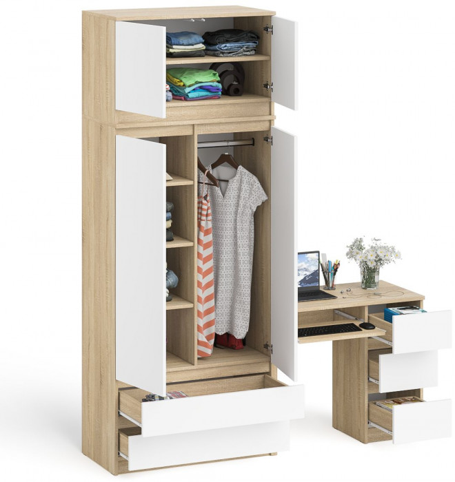 Мори Стол компьютерный МС-6 правый + Шкаф МШ900.1 + Антресоль МА900.1, цвет дуб сонома/белый, ШхГхВ 180,4х50,4х234,2 см., выд. ящ. справа, НЕ ун. сб.