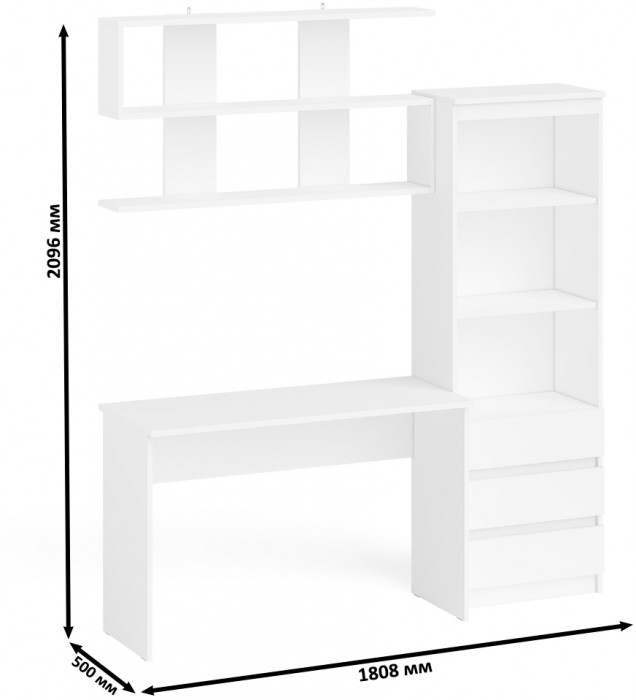 Мори Стол письменный МСП1200.1 + Стеллаж МСТ600.3 + Полка 1200, цвет белый, ШхГхВ 180,8х50х209,6 см., универсальная сборка