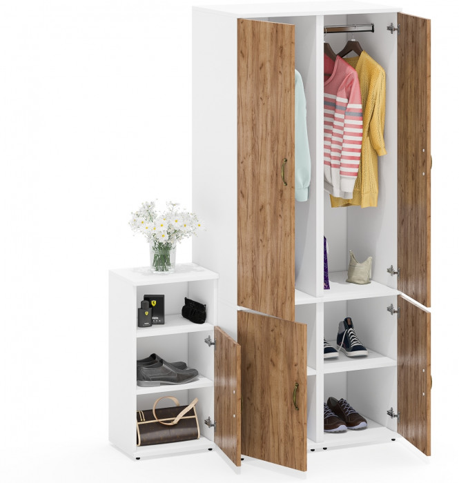 Лидер-8 Пенал МД 23Б + Пенал МД 23Б + Тумба МД 3.19, цвет белый шагрень/крафт золото, ШхГхВ 120х50х190 см., универсальная сборка