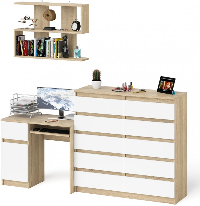 Мори Стол компьютерный МС-1 левый + Комод МК1200.10 + Полка 900, цвет дуб сонома/белый, ШхГхВ 210,4х50х209,6 см., НЕ универсальная сборка