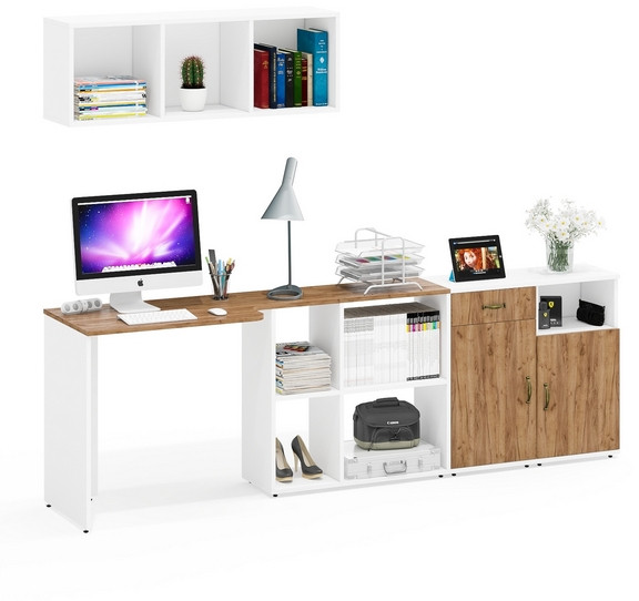 Лидер-8 Стол + Полка + Тумба МД 3.15 + Тумба МД 3.19, цвет белый шагрень/крафт золото, ШхГхВ 245х50/30х75/190 или 115х50/160х75/190 с, НЕ универс. сб.