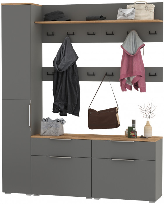 Октава Прихожая 34, цвет серый графит/дуб крафт золотой/фасады МДФ серый графит, ШхГхВ 162х35,4х197,6 см., универсальная сборка