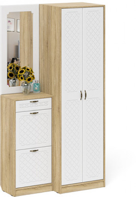 Прихожая П-6 Компоновка № 17, цвет дуб сонома/фасады МДФ белое дерево фрезеровка ромб, ШхГхВ 110х50х210 см., универсальная сборка