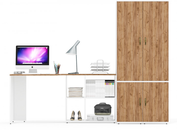 Лидер-8 Стол + Пенал МД 23Б + Пенал МД 23Б, белый шагрень/крафт золото