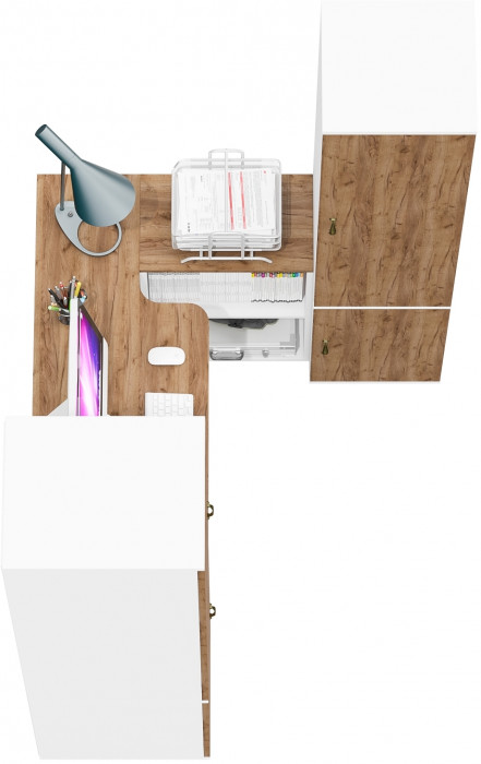 Лидер-8 Пенал МД 23Б + Стол + Пенал 21Б, цвет белый шагрень/крафт золото, ШхГхВ 245х50/37,5х75/190 или 155х120/50х75/190 см., НЕ универсальная сборка