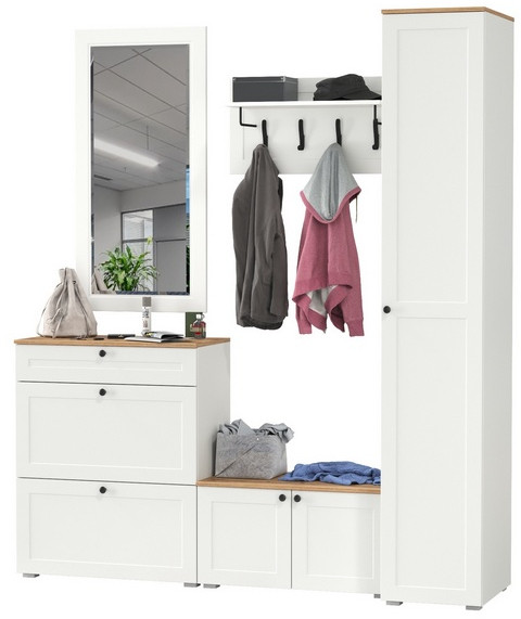 Остин Прихожая 45, цвет белый шагрень/дуб крафт золотой, ШхГхВ 200х54,3х229,6 см., универсальная сборка