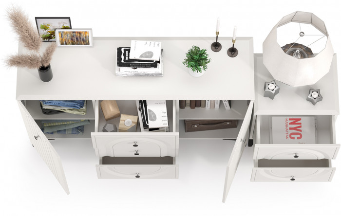 Валенсия Спальня 13.309 Комод + 13.291 Тумба прикроватная, цвет ЛДСП белый шагрень/МДФ белый шагрень, ШхГхВ 182,4х38,4х87,5 см.