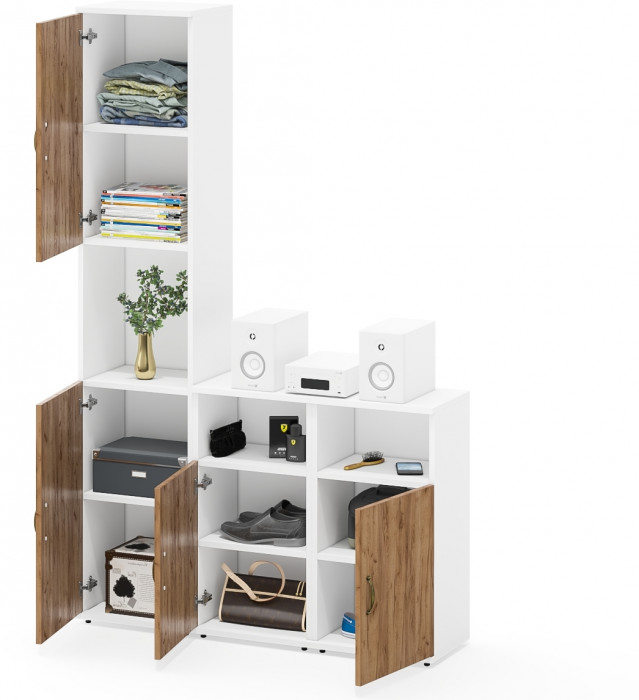 Лидер-8 Пенал + Тумба МД 3.19 + Тумба МД 3.19, цвет белый шагрень/крафт золото, ШхГхВ 120х30х190 см., универсальная сборка