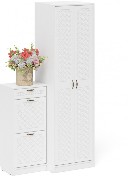 Прихожая П-6 Компоновка № 16, цвет белая шагрень/фасады МДФ белое дерево фрезеровка ромб, ШхГхВ 110х50х210 см., универсальная сборка