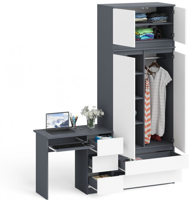 Мори Стол компьютерный МС-6 правый + Шкаф МШ900.1 + Антресоль МА900.1, цвет графит/белый, ШхГхВ 180,4х50,4х234,2 см., выдвиж. ящики справа, НЕ ун. сб.