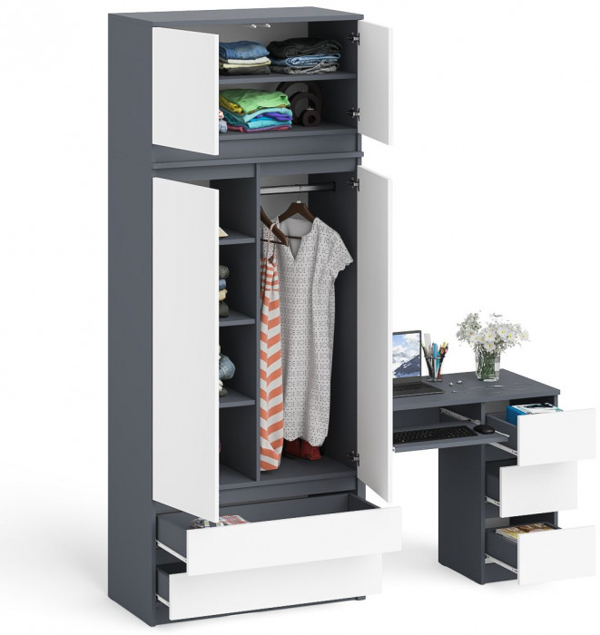 Мори Стол компьютерный МС-6 правый + Шкаф МШ900.1 + Антресоль МА900.1, цвет графит/белый, ШхГхВ 180,4х50,4х234,2 см., выдвиж. ящики справа, НЕ ун. сб.