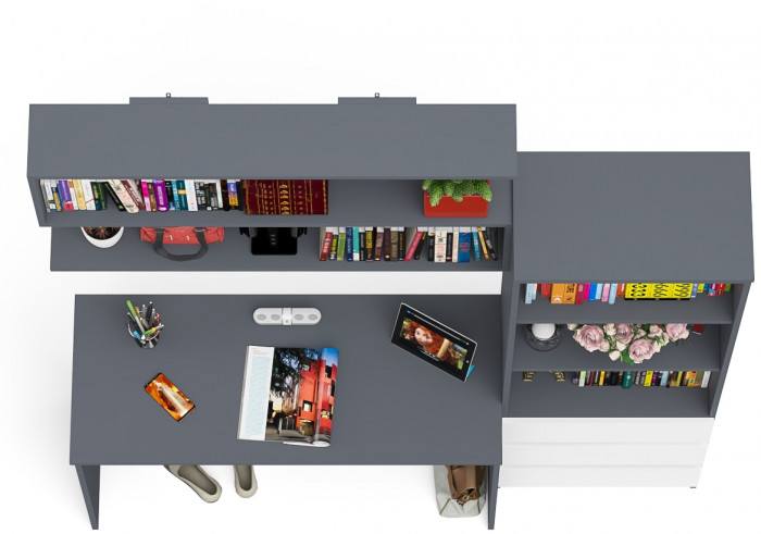 Мори Стол письменный МСП1200.1 + Стеллаж МСТ600.3 + Полка 1200, цвет графит/белый, ШхГхВ 180,8х50х209,6 см., универсальная сборка