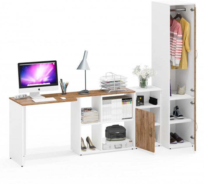 Лидер-8 Стол + Тумба МД 3.19 + Пенал МД 23Б, цвет белый шагрень/крафт золото, ШхГхВ 245х50х75/190 или 155х120/50х75/190 см., НЕ ун. сборка