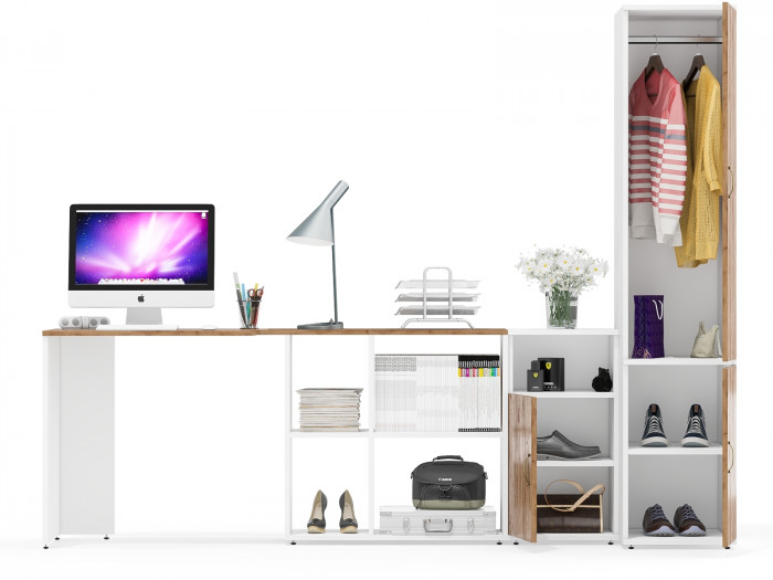 Лидер-8 Стол + Тумба МД 3.19 + Пенал МД 23Б, цвет белый шагрень/крафт золото, ШхГхВ 245х50х75/190 или 155х120/50х75/190 см., НЕ ун. сборка