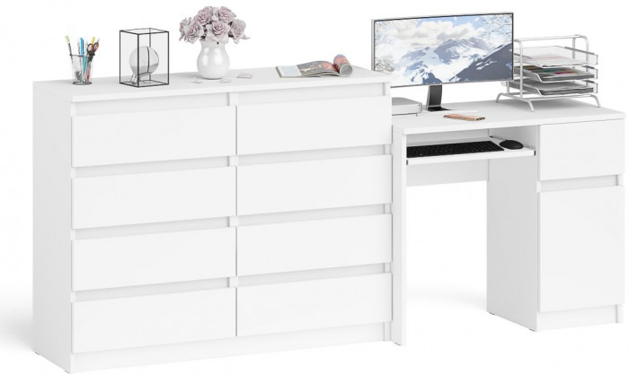 Мори Стол компьютерный МС-1 правый + Комод МК1200.8, цвет белый, ШхГхВ 210,4х50х94 см., выдвижной ящик справа, НЕ универсальная сборка