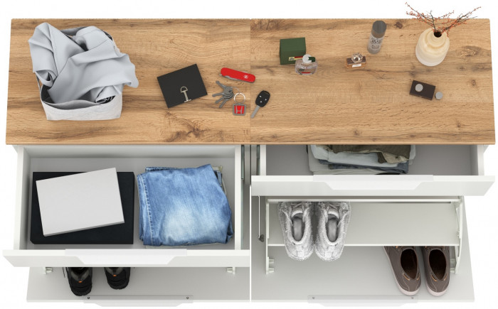 Октава 16.127 Тумба для обуви + 16.127 Тумба для обуви, цвет белый шагрень/дуб крафт золотой/фасады МДФ белый шагрень, ШхГхВ 129,8х35,4х62,2 см.