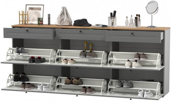 Остин 16.121 Тумба для обуви + 16.121 Тумба для обуви + 16.121 Тумба для обуви, цвет серый графит/дуб крафт золотой, ШхГхВ 240х41,6х99,3 см.