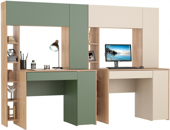 Два стола компьютерных Комфорт 12.71, цвет гикори рокфорд натуральный/дымчатый зелёный/гикори рокфорд натур./сатин, 233,4х60,2х165,4 см., НЕ ун. сб.