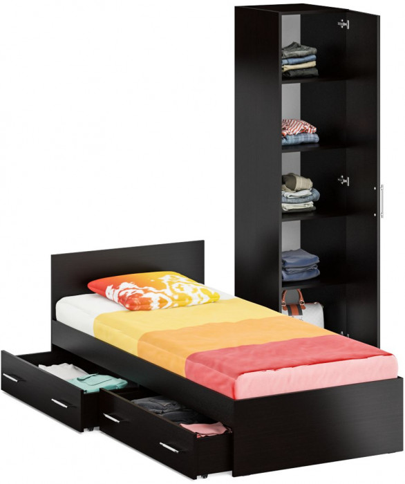 Кровать с ящиками 0900 + Пенал Стандарт, цвет венге, ШхГхВ 93,5х203,5х70 + 45х52х200 см., сп.м. 900х2000 мм., без матраса, основание есть