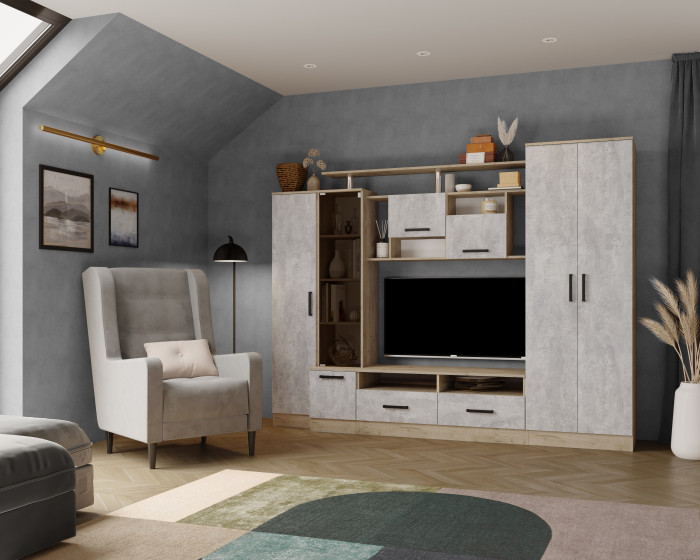 Гостиная Оскар-5, Дуб крафт серый/Цемент