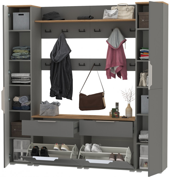 Октава Прихожая 35, цвет серый графит/дуб крафт золотой/фасады МДФ серый графит, ШхГхВ 194,2х35,4х197,6 см., универсальная сборка