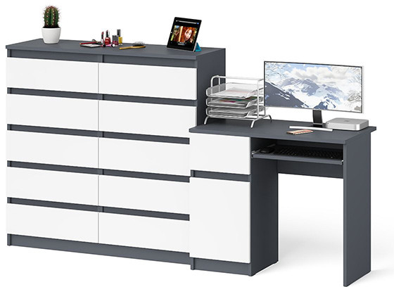 Мори Стол компьютерный МС-1 левый + Комод МК1200.10, цвет графит/белый, ШхГхВ 210,4х50х115 см., выдвижной ящик слева, НЕ универсальная сборка