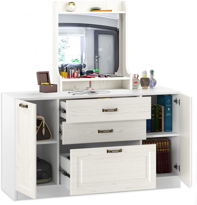 Ливерпуль Комод + Полка 10.118 с зеркалом, цвет ясень ваниль/белый, ШхГхВ 140х41,4х148,3 см.