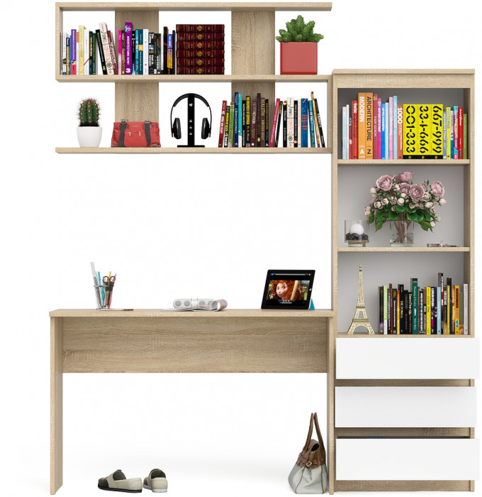 Мори Стол письменный МСП1200.1 + Стеллаж МСТ600.3 + Полка 1200, цвет дуб сонома/белый, ШхГхВ 180,8х50х209,6 см., универсальная сборка