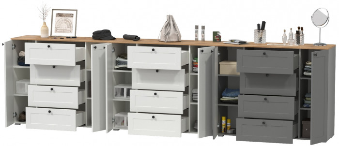 Остин 16.221 Комод + 16.221 Комод + 16.221 Комод, цвет белый шагрень/серый графит/дуб крафт золотой, ШхГхВ 360х41,9х99,3 см., универсальная сборка