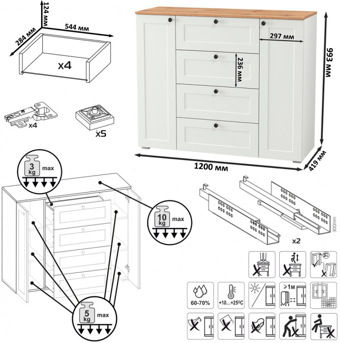 Остин 16.221 Комод + 16.221 Комод + 16.221 Комод, цвет белый шагрень/серый графит/дуб крафт золотой, ШхГхВ 360х41,9х99,3 см., универсальная сборка