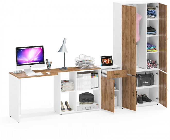 Лидер-8 Стол + Тумба МД 3.15 + Шкаф МД 20Б, белый шагрень/крафт золото