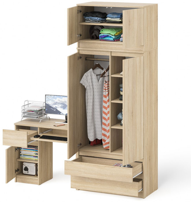 Мори компьютерный стол МС-1 левый + Шкаф МШ900.1 + Антресоль МА900.1, дуб сонома