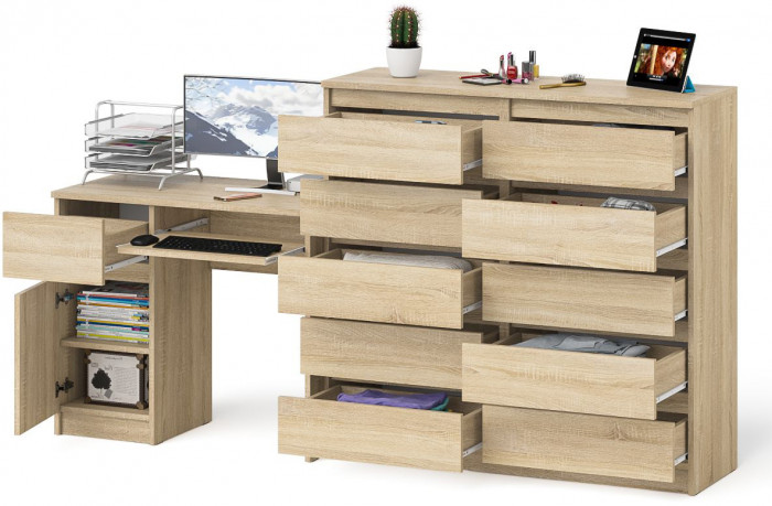 Мори Стол компьютерный МС-1 левый + Комод МК1200.10, цвет дуб сонома, ШхГхВ 210,4х50х115 см., выдвижной ящик слева, НЕ универсальная сборка