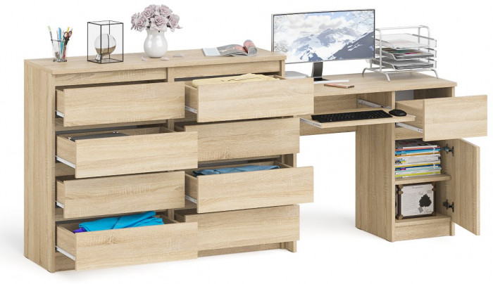 Мори Стол компьютерный МС-1 правый + Комод МК1200.8, цвет дуб сонома, ШхГхВ 210,4х50х94 см., выдвижной ящик справа, НЕ универсальная сборка
