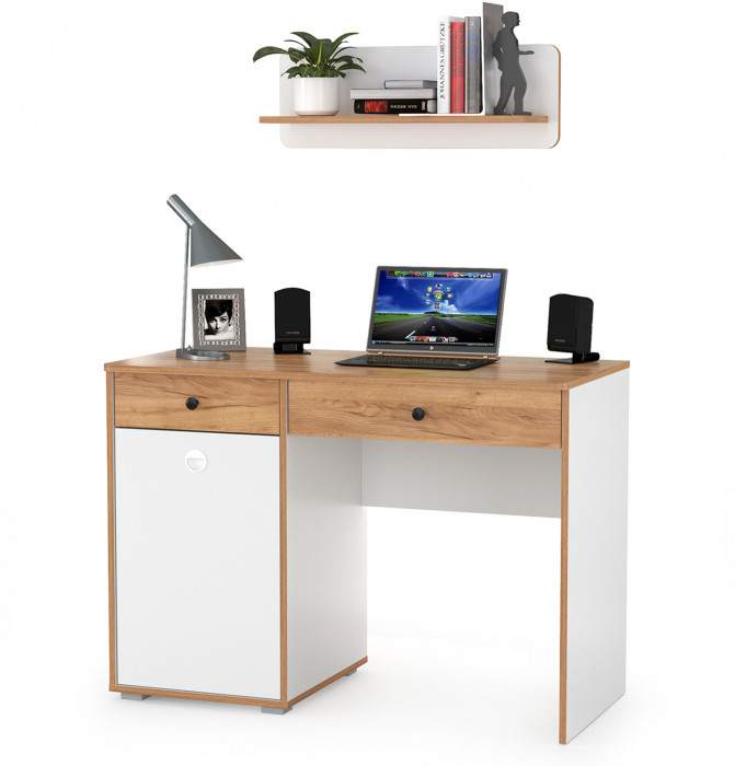 Вуди Стол письменный 12.42 + Полка 15.46, цвет белый премиум/дуб крафт золотой, ШхГхВ 110х52,7х170 см., универсальная сборка