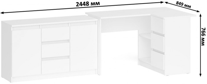 Мори Стол компьютерный МС-16 правый + Комод МК1200.3, цвет белый, ШхГхВ 244,8х84,9х76,6 см., выдвижные ящики справа, НЕ универсальная сборка
