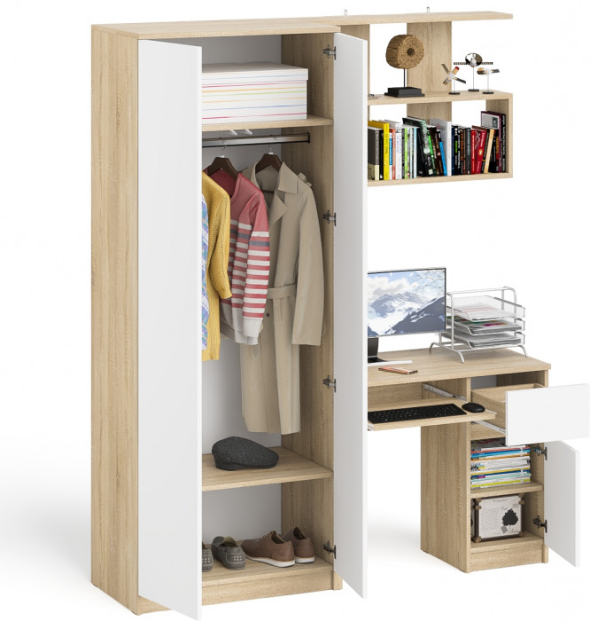 Мори компьютерный стол МС-1 правый + Шкаф МШ800.1 + Полка 900, дуб сонома/белый