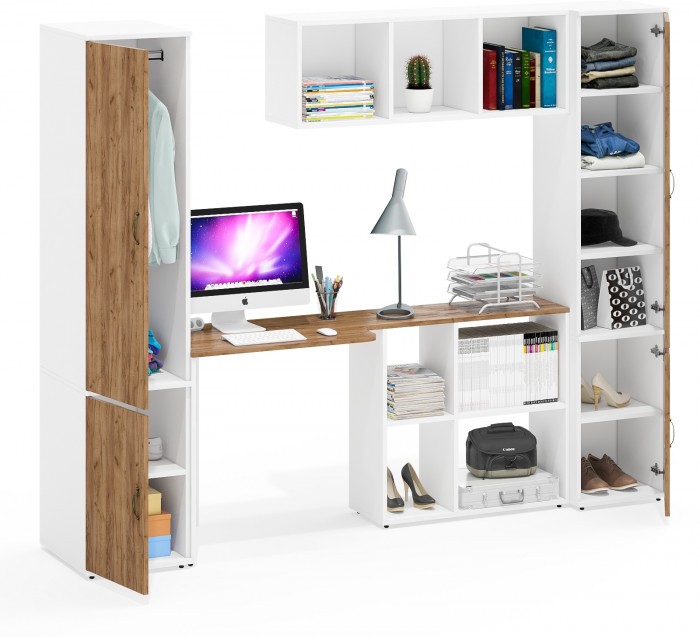 Лидер-8 Пенал МД 23Б + Стол + Полка + Пенал 22Б, цвет белый шагрень/крафт золото, ШхГхВ 245х50/37,5х75/190 или 155х120/50х75/190 см., НЕ ун.сб.