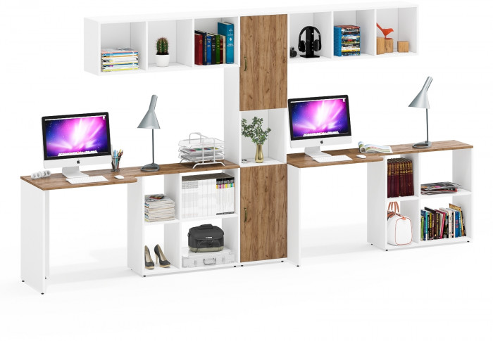 Лидер-8 Стол + Полка + Стол + Полка + Пенал, цвет белый шагрень/крафт золото, ШхГхВ 370х50/30х75/190 или 230х50/120х75/190 см., НЕ универс. сборка