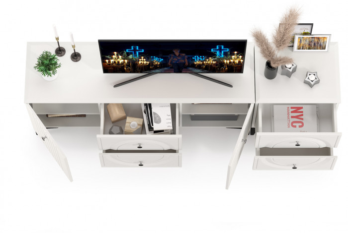 Валенсия Гостиная 16.45 Тумба под ТВ + 13.291 Тумба, цвет ЛДСП белый шагрень/МДФ белый шагрень, ШхГхВ 182,3х38,4х63,7 см.