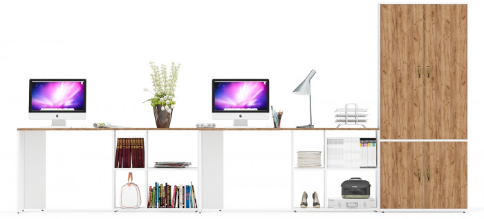 Лидер-8 Стол + Стол + Шкаф МД 20Б, белый шагрень/крафт золото