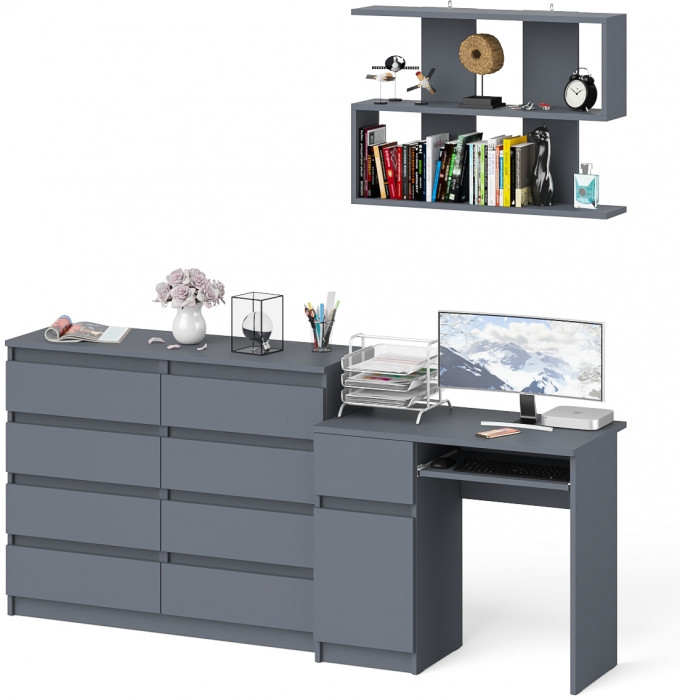Мори Стол компьютерный МС-1 левый + Комод МК1200.8 + Полка 900, цвет графит, ШхГхВ 210,4х50х209,6 см., НЕ универсальная сборка