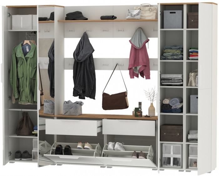 Октава Прихожая 37, цвет белый шагрень/дуб крафт золотой/фасады МДФ белый шагрень, ШхГхВ 258,6х35,4х197,6 см., универсальная сборка