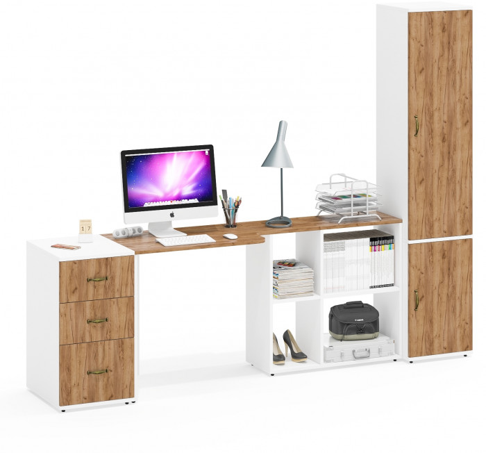 Лидер-8 Стол + Тумба МД 3.16 + Пенал МД 21Б, белый шагрень/крафт золото