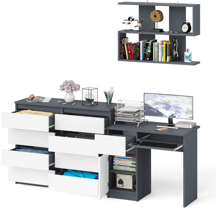 Мори Стол компьютерный МС-1 левый + Комод МК1200.8 + Полка 900, цвет графит/белый, ШхГхВ 210,4х50х209,6 см., НЕ универсальная сборка