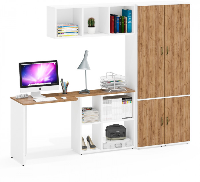 Лидер-8 Стол + Полка + Пенал МД 22Б + Пенал МД 22Б, белый шагрень/крафт золото