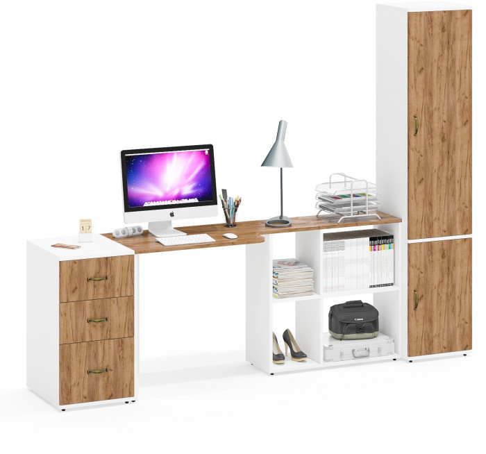 Лидер-8 Стол + Тумба МД 3.16 + Пенал МД 22Б, белый шагрень/крафт золото