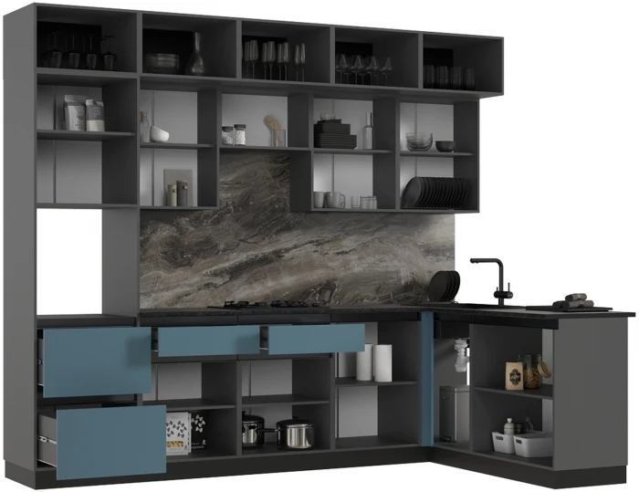Кухня Техно-6 3,0х1,8м Браш Блю/Браш Вайт, Графит