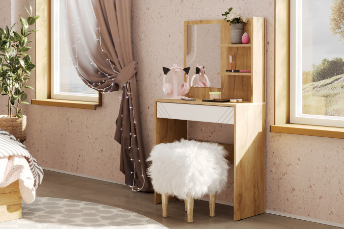 Стол туалетный с зеркалом Байкал, Дуб Золотой, Белый матовый