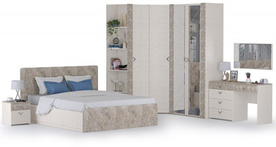 Амели Спальня № 7 13.106 + 12.48 + 03.240 + Шкафы 08.49 + 13.133 + 13.131 + 13.140 + Кровать 11.31 + под. ортопед + Тумбочка, 1600х2000 мм, б/м